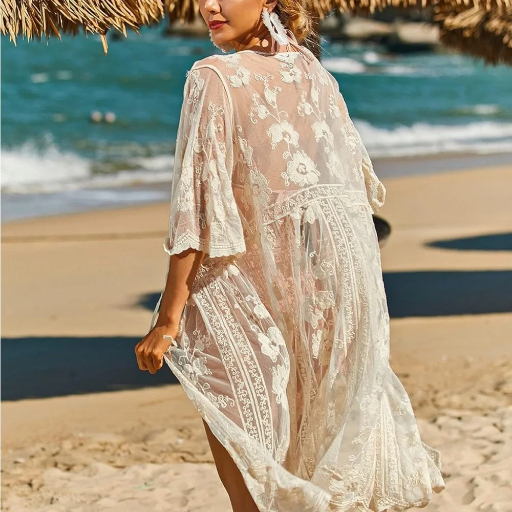 Elegant Cream Lace Swim Cover-Up boho women festival mesh cardigan